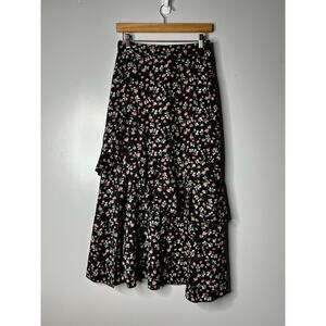 Tiered Maxi Skirt Dark Floral Women's Medium Front Slit Witchy Whimsigoth Grunge